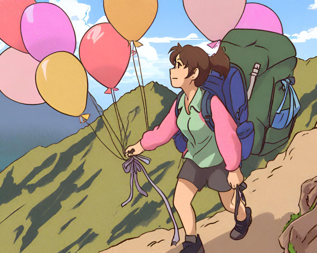 KI-erzeugtes Bild Anime-Stil: Wanderin mit Rucksack hält Luftballons