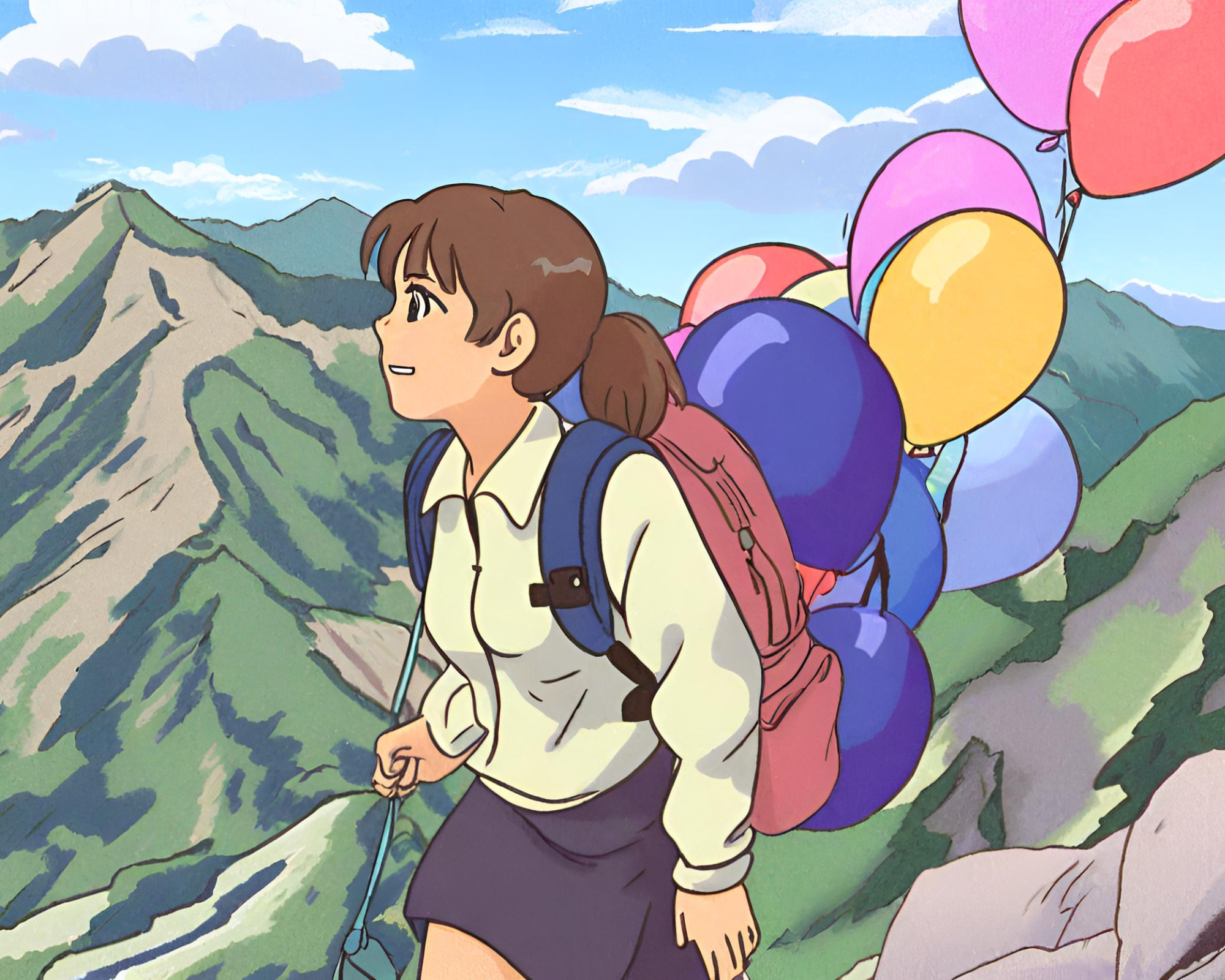Trauer-Rucksack Bild Anime-Stil: Wanderin mit Rucksack hält Luftballons