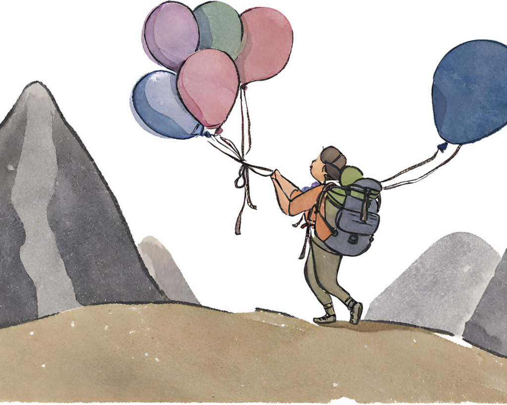 KI-erzeugtes Bild Aquarell-Stil: Wanderin mit Rucksack hält Luftballons