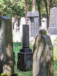 Bild zeigt eine abgebrochene Stele auf dem Alten Jüdischen Friedhof in München, Symbol für Kindergrab als "abgevbochenes Leben"